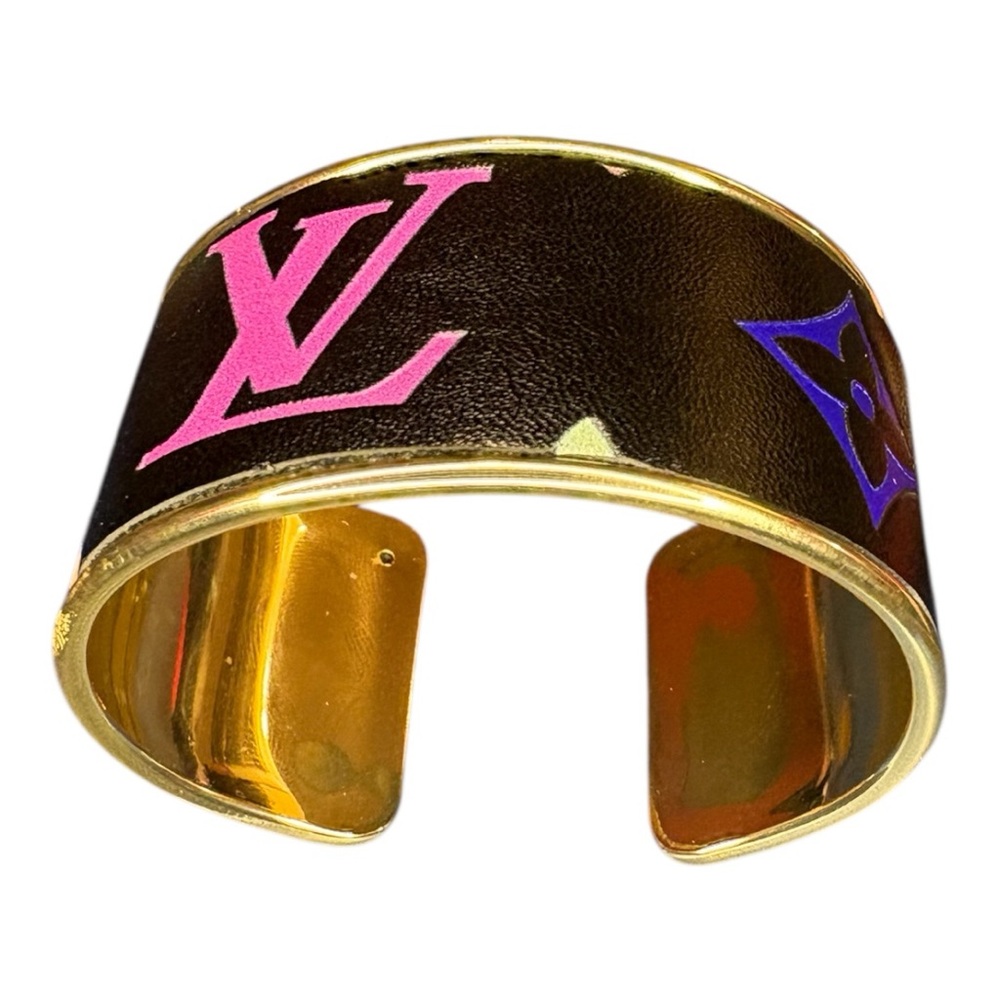 Authentic Louis Vuitton Monogram Leather on a Gold Cuff  Costume Jewelry